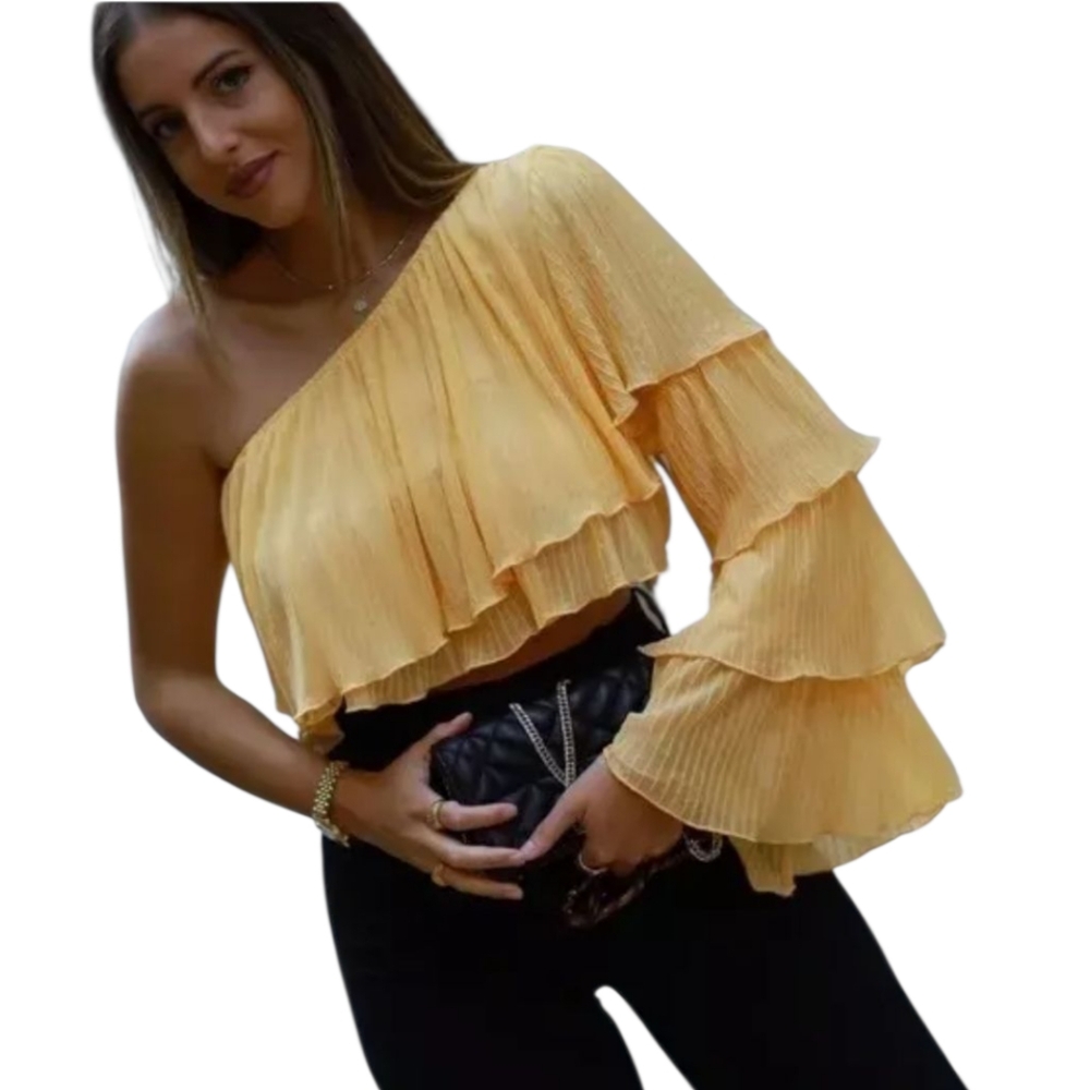 🌟Yellow Ruffled One-Shoulder Top - Picture 1 of 4